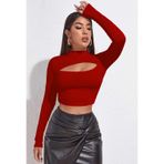 İntive lingerie-innocent&attractive Kadın Kırmızı Göğüs Dekolteli Uzun Kollu Cut Out Crop Top Bluz