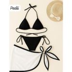 İntive lingerie-innocent&attractive Kadın Siyah Beyaz Pareolu Yandan ve Boyundan Bağlamalı 3'lü Bikini Takımı