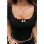 İntive lingerie-innocent&attractive Kadın Siyah Göğsü ve Kolları Dantelli Fiyonklu Kısa Kol Crop Top Bluz