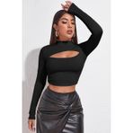 İntive lingerie-innocent&attractive Kadın Siyah Göğüs Dekolteli Uzun Kollu Cut Out Crop Top Bluz