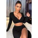 İntive lingerie-innocent&attractive Kadın Siyah Uzun Kol Göğüs ve Göbek Dekolteli Fermuarlı Crop Top Bluz