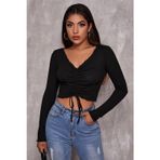 İntive lingerie-innocent&attractive Kadın Siyah Uzun Kollu Büzdürme Bağcık Detaylı Crop Top Bluz