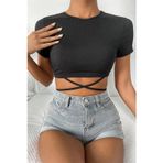 İntive lingerie-innocent&attractive Kadın Siyah Yarım Kol Çapraz Bağlamalı Crop Top Bluz