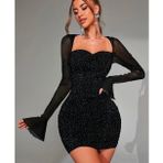 İntive lingerie-innocent&attractive Real Passione Siyah Simli Parlak Kalp Yaka Transparan Uzun Kol Detaylı Mini Gecelik/Babydoll -1019