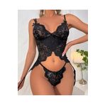 İntive Lingerie Kadın Yumuşak Dantel Jartiyerli Bodysuit Tanga Bacak Aksesuarı Takım- 8460 Siyah M