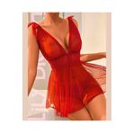 İntive Lingerie Kırmızı Puantiyeli Transparan Derin Dekolte Gecelik Takım-1015 Kırmızı L/XL