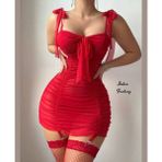 Intive Lingerie Miss Bella Tamamı Tülden Askıları Feminen Kurdeleli Jartiyerli Mini Gecelik (Dantelsiz File Çoraplı) - Kırmızı - L - XL