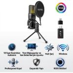 Invicta Profesyonel Rgb Yayın,stüdyo,oyun Kablosuz Kondenser Mikrofon,anc Gürültü Azaltma, 18 Saat Pil, Tripod ve Pop Filtre Dahil - Siyah