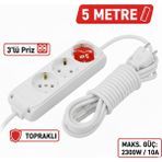 İNWATT 5 Metre Kablolu Topraklı Ara Kablosu Uzatmalı Seyyar 3lü Grup Priz - Çok Renkli