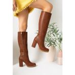 İnyola Shoes 7009 Siyah Kırışık Rugan Fermuarlı Kadın Çizme - Taba