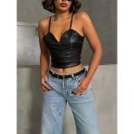 İp Askılı Yandan Fermuarlı Rastale Deri Crop Siyah S24113