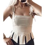 İp Bağcık Detaylı Keten Kumaş Cutout Korse Bluz, Bej, Kolsuz, Peplum Tasarım (xs)