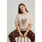 İPEKTENİM Çizgisel Kalp Baskılı Kısa Kollu Büyük Beden Pijama Takımı