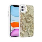 iPhone 11 İle Uyumlu Kılıf Çiçek Desenli Parlak Taşlı Sert Silikon Garden Kapak 31801 Beyaz