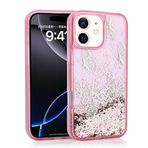 iPhone 12 İle Uyumlu Kılıf Sıvılı Simli Kelebek Baskılı Şeffaf Arka Yüzey Glis Silikon Kapak 35549 Pembe