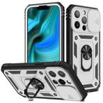 iPhone 13 Pro için Telefon Kılıfı Askeri Sınıf 360 Derece Koruma Dönen Halka Destek Çubuğu ve Kamera Kapağı Ekran Koruma Desteği Manyetik Araba Montaj Cüzdan Kart Tutucu (2022 sürümü) (Beyaz+Siyah)
