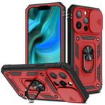 iPhone 13 Pro için Telefon Kılıfı Askeri Sınıf 360 Derece Koruma Dönen Halka Destek Çubuğu ve Kamera Kapağı Ekran Koruma Desteği Manyetik Araba Montaj Cüzdan Kart Tutucu (2022 sürümü) (Kırmızı+Siyah)