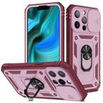 iPhone 13 Pro için Telefon Kılıfı Askeri Sınıf 360 Derece Koruma Dönen Halka Destek Çubuğu ve Kamera Kapağı Ekran Koruma Desteği Manyetik Araba Montaj Cüzdan Kart Tutucu (2022 sürümü) (Pembe+Koyu Kırmızı)