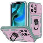 iPhone 13 Pro için Telefon Kılıfı Askeri Sınıf 360 Derece Koruma Dönen Halka Destek Çubuğu ve Kamera Kapağı Ekran Koruma Desteği Manyetik Araba Montaj Cüzdan Kart Tutucu (2022 sürümü) (Pembe+Yeşil)