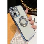 iPhone 13 Pro İle Uyumlu Taşlı Parlak Logo Açık Kadın Kılıf Kapak (Mavi)