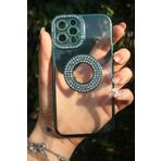 iPhone 13 Pro İle Uyumlu Taşlı Parlak Logo Açık Kadın Kılıf Kapak (Yeşil)