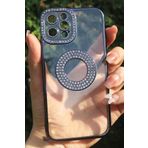 iPhone 13 Pro Max İle Uyumlu Taşlı Parlak Logo Açık Kadın Kılıf Kapak (Siyah)