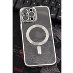 iPhone 13 Pro Max Uyumlu MagSafe Özellikli Gümüş Gri Silver Renkli Kenarlı Lazerli Şeffaf Kılıf Lens Korumalı