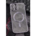 iPhone 13 Pro Max Uyumlu MagSafe Özellikli Mor Renkli Kenarlı Lazerli Şeffaf Kılıf Lens Korumalı