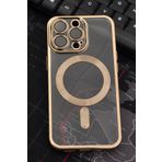 iPhone 13 Pro Uyumlu MagSafe Özellikli Altın Sarı Gold Renkli Kenarlı Lazerli Şeffaf Kılıf Lens Korumalı