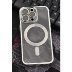 iPhone 13 Pro Uyumlu MagSafe Özellikli Gümüş Gri Silver Renkli Kenarlı Lazerli Şeffaf Kılıf Lens Korumalı