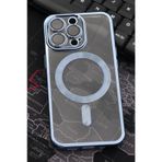 iPhone 13 Pro Uyumlu MagSafe Özellikli Saks Mavi Renkli Kenarlı Lazerli Şeffaf Kılıf Lens Korumalı