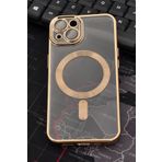 iPhone 13 Uyumlu MagSafe Özellikli Altın Sarı Gold Renkli Kenarlı Lazerli Şeffaf Kılıf Lens Korumalı