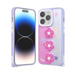 iPhone 14 Pro Max İle Uyumlu Kılıf Parlayan Simli Kabartma Figürlü Cevze Kapak 31394 Mor Papatya
