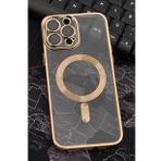 iPhone 14 Pro Max Uyumlu MagSafe Özellikli Altın Sarı Gold Renkli Kenarlı Lazerli Şeffaf Kılıf Lens Korumalı