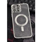 iPhone 14 Pro Max Uyumlu MagSafe Özellikli Gümüş Gri Silver Renkli Kenarlı Lazerli Şeffaf Kılıf Lens Korumalı