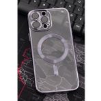 iPhone 14 Pro Max Uyumlu MagSafe Özellikli Mor Renkli Kenarlı Lazerli Şeffaf Kılıf Lens Korumalı