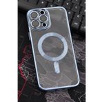 iPhone 14 Pro Max Uyumlu MagSafe Özellikli Saks Mavi Renkli Kenarlı Lazerli Şeffaf Kılıf Lens Korumalı