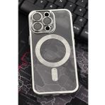 iPhone 14 Pro Uyumlu MagSafe Özellikli Gümüş Gri Silver Renkli Kenarlı Lazerli Şeffaf Kılıf Lens Korumalı