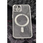 iPhone 14 Uyumlu MagSafe Özellikli Gümüş Gri Silver Renkli Kenarlı Lazerli Şeffaf Kılıf Lens Korumalı