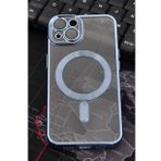 iPhone 14 Uyumlu MagSafe Özellikli Saks Mavi Renkli Kenarlı Lazerli Şeffaf Kılıf Lens Korumalı