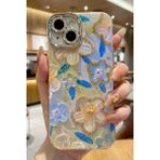 iPhone 15 Kılıf Renk Geçişli Taşlı Kamera Lens Korumalı Simli Yeşil Çiçek Desenli Darbe Emici Kapak - Çok Renkli