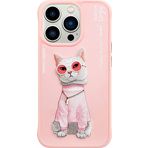 iPhone 15 Pro Max Cat Serisi Kedi Nakış işlemeli Zincir ve Gözlük Detaylı Kılıf Pembe