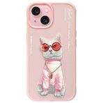 iPhone 15 Uyumlu 3D Gözlük Zincir White Kedi Detaylı Nakış İşlemeli Kabartmalı Cool Glasses Kılıf