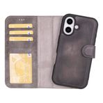 iPhone 16 ile uyumlu Hakiki Deri Cüzdan Kılıf - Kart Yuvalı, Tam Koruma, MagSafe Uyumlu, RFID Korumalı, Stantlı, Güçlü Manyetik Kapama - Üniseks (Gri)