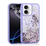 iPhone 16 İle Uyumlu Kılıf Sıvılı Simli Kelebek Baskılı Şeffaf Arka Yüzey Glis Silikon Kapak 35556 Mor