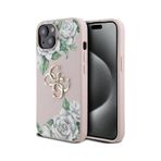 İphone Uyumlu 15 Kılıf Guess Lisanslı Gül Baskılı Büyük Metal Logo Dizaynlı Kapak Pembe