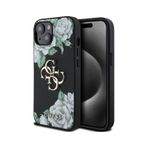 İphone Uyumlu 15 Kılıf Guess Lisanslı Gül Baskılı Büyük Metal Logo Dizaynlı Kapak Siyah