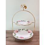 iQey HOME Ginkgo Figürlü 2 Katlı Gold Etajer/Sunumluk/İkramlık Stand