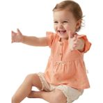 İrem Çocuk Giyim Kız Bebek Bluzu Yarım Düğme Kapamalı Kolu Fırfırlı Süzene Çiçek Nakışlı Bluz Şort Takımı - 9 Ay - Turuncu
