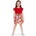 İrem Çocuk Giyim Kız Çocuk Bluzu Fırfırlı Eteği Kemerli Çiçek Desenli Kolyeli Kırmızı Renk İkili Takım - 4 Yaş